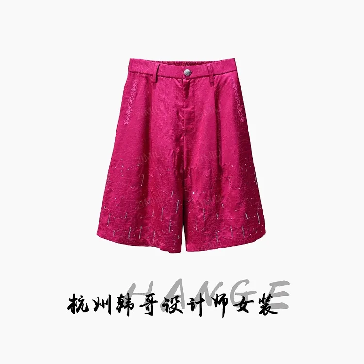【韩哥女装】夏季火龙果色重工刺绣时尚A字阔腿短裤9176