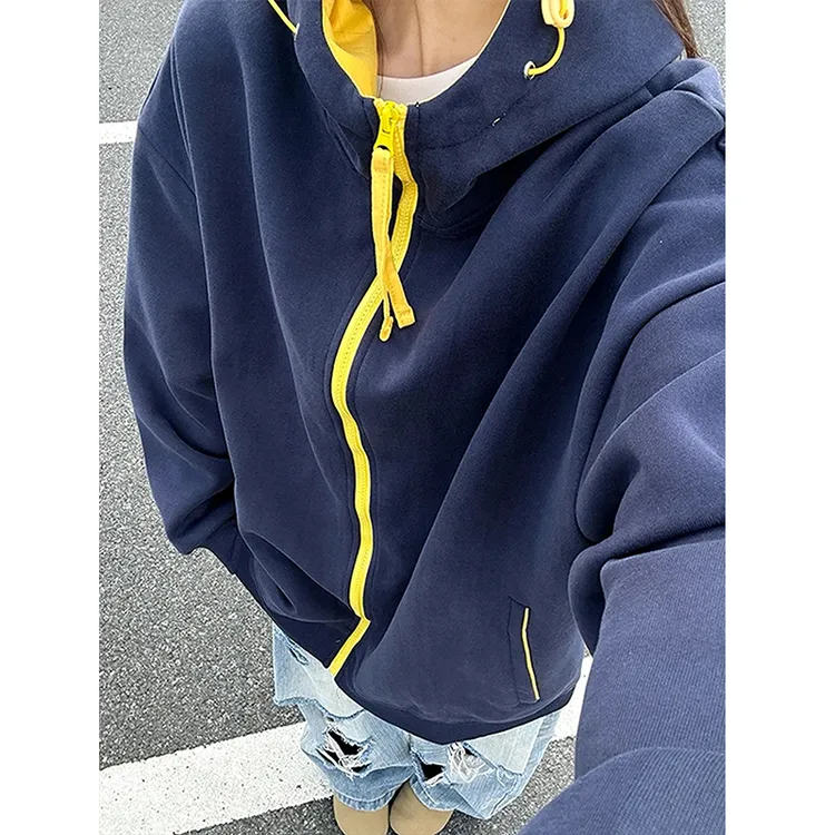 藏青色连帽开衫卫衣男款秋季小众设计感拼接美式cleanfit情侣外套