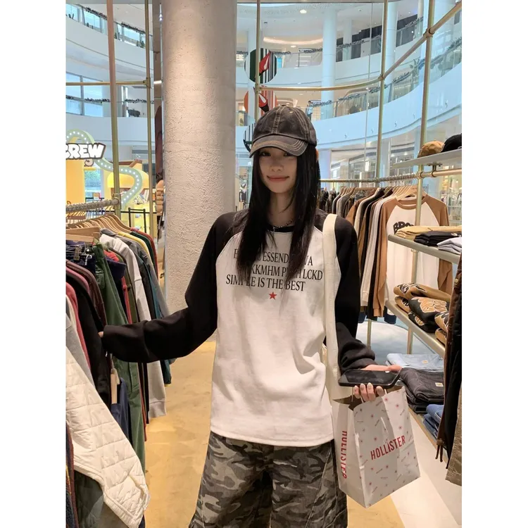 100%纯棉美式慵懒风撞色拼接长袖T恤女春秋季宽松休闲百搭款上衣