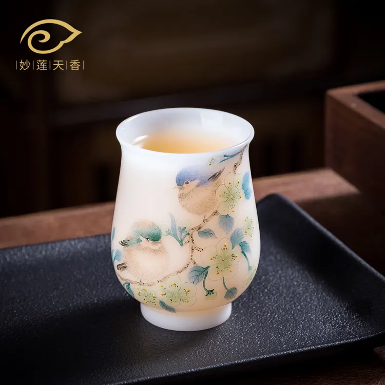 妙莲天香手绘花鸟主人杯单杯高档冰种玉瓷家用茶具杯送礼推荐
