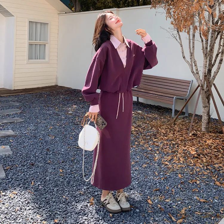 韩系假两件polo领卫衣套装女2025秋季休闲风显瘦直筒半身裙两件套