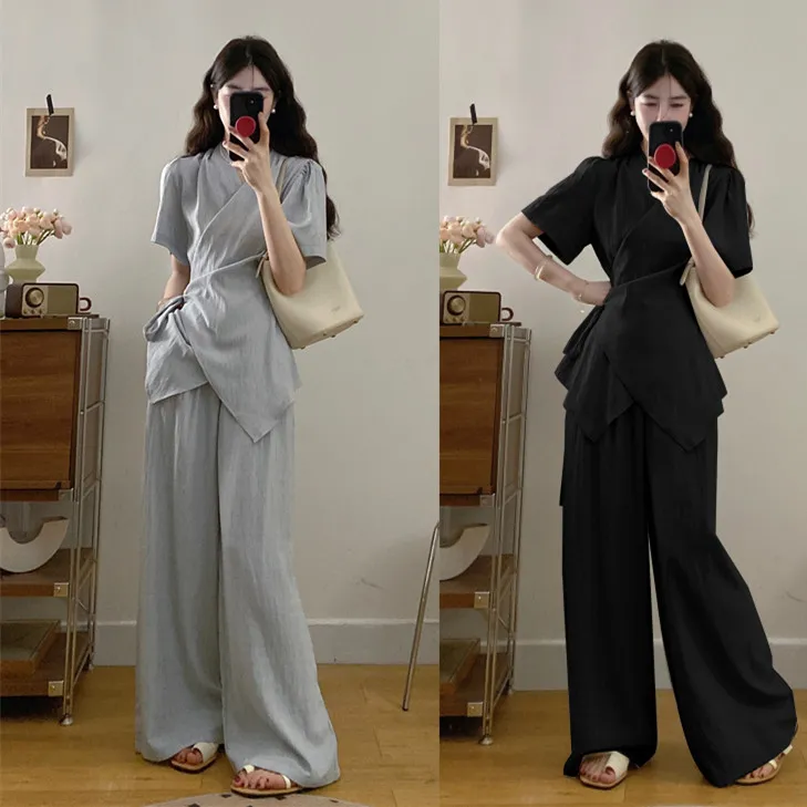 微胖妹妹大码新款法式气质系带收腰显瘦设计感百搭阔腿裤高级套装
