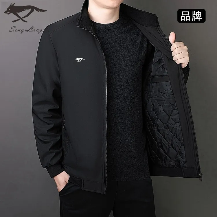 七匹断码狼男士秋冬纯色立领棉服夹克加绒加厚中老年新款休闲外套