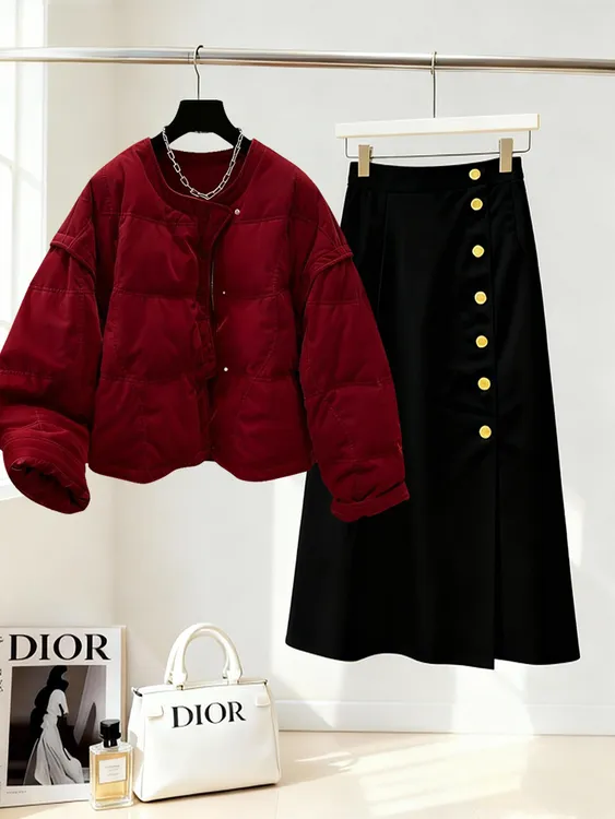 法式复古时尚套装洋气时髦冬季新款保暖棉服气质半身裙一整套爆款