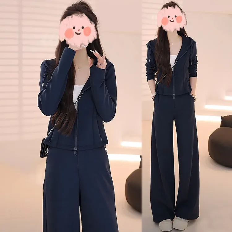 欧货时尚运动风套装女早秋高级感休闲连帽外套高腰阔腿长裤两件套