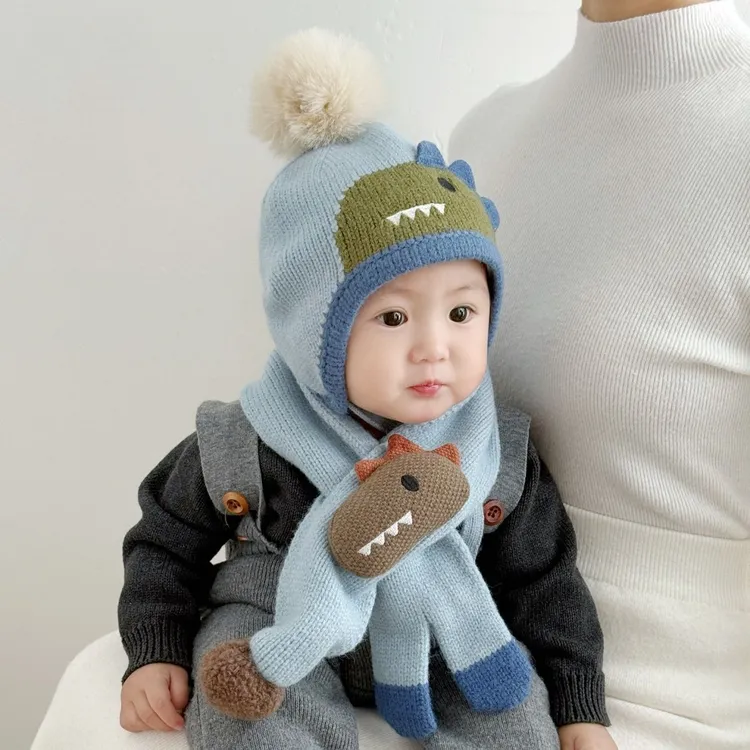 婴儿帽子秋冬季男宝宝可爱针织帽婴幼儿冬季毛线帽外出护耳帽围巾