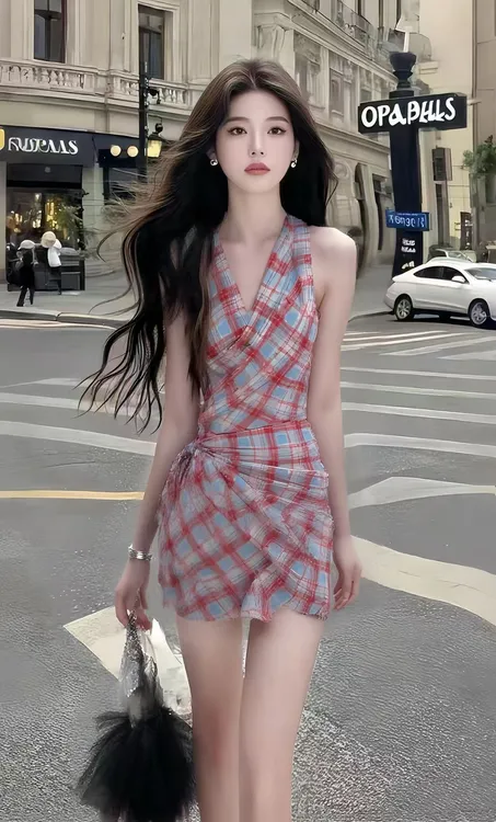 法式温柔知性风氛围感V领无袖露肩修身收腰格子连衣裙女时尚女装