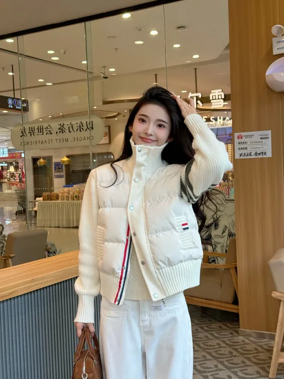 韩系短款棉服假两件冬季针织拼接设计感外套