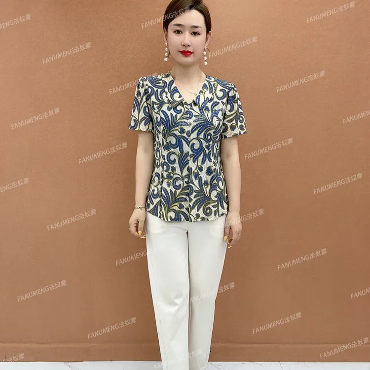 8392夏季新款V领宽松型中国风时尚中老年女装印花雪纺衫洋气减龄