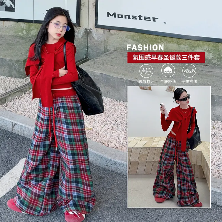 【酷哒仔】女童氛围感早春圣诞三件套装2026中大童女孩子儿童套装潮