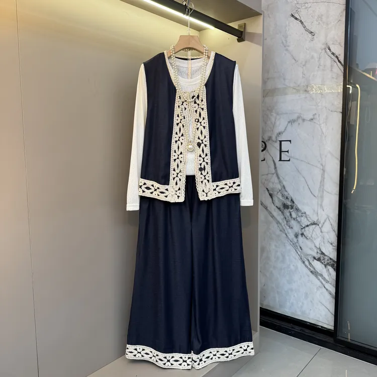 2025复古蕾丝拼接休闲马甲打底衫阔腿裤韩系宽松百搭显瘦套装1606