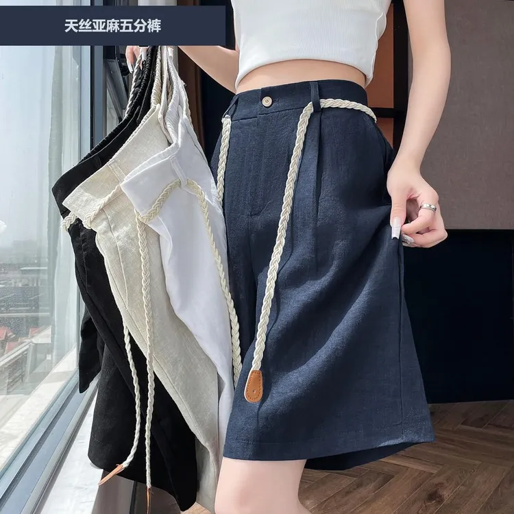 藏青色时尚时尚短裤女2025新款夏季薄款冰丝A字阔腿裤五分西装裤