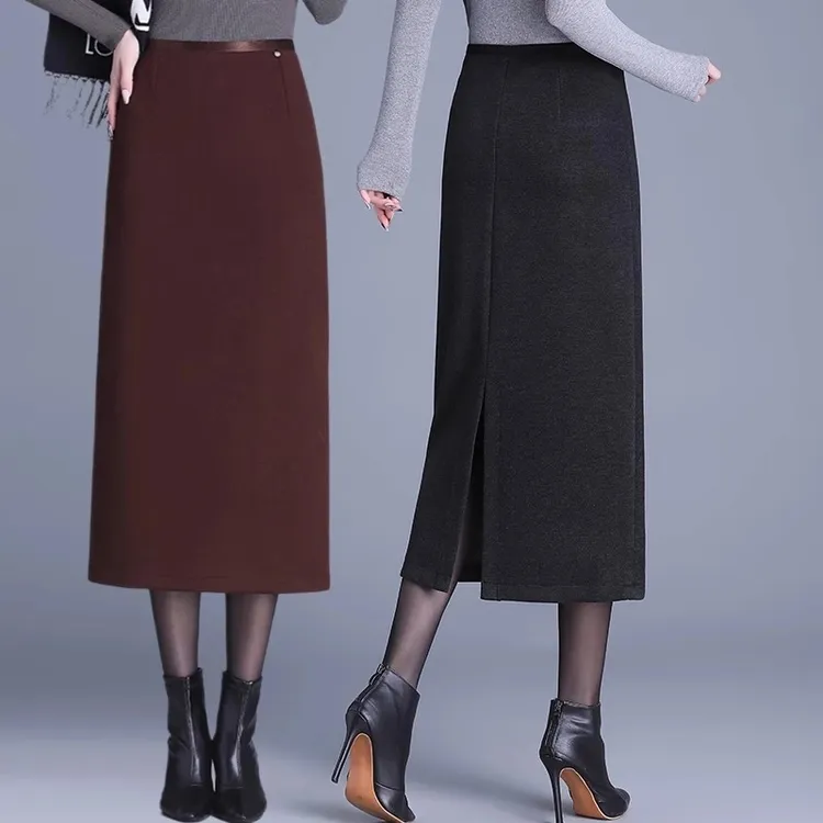 2025新款羊 绒毛呢半身裙女秋冬高腰包臀裙一步裙显瘦开叉直筒裙