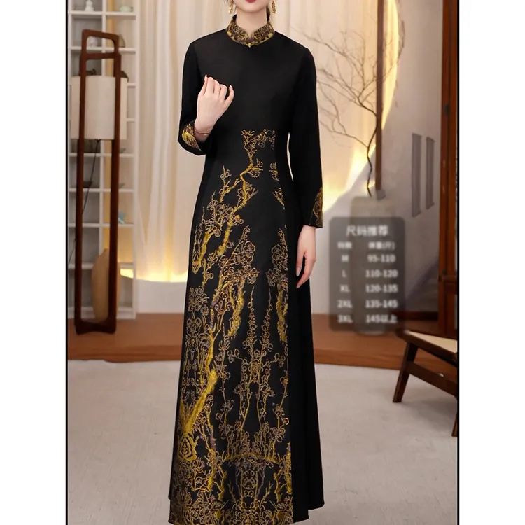新中式国风改良版旗袍长裙2025冬季新款贵夫人气质印花显瘦连衣裙