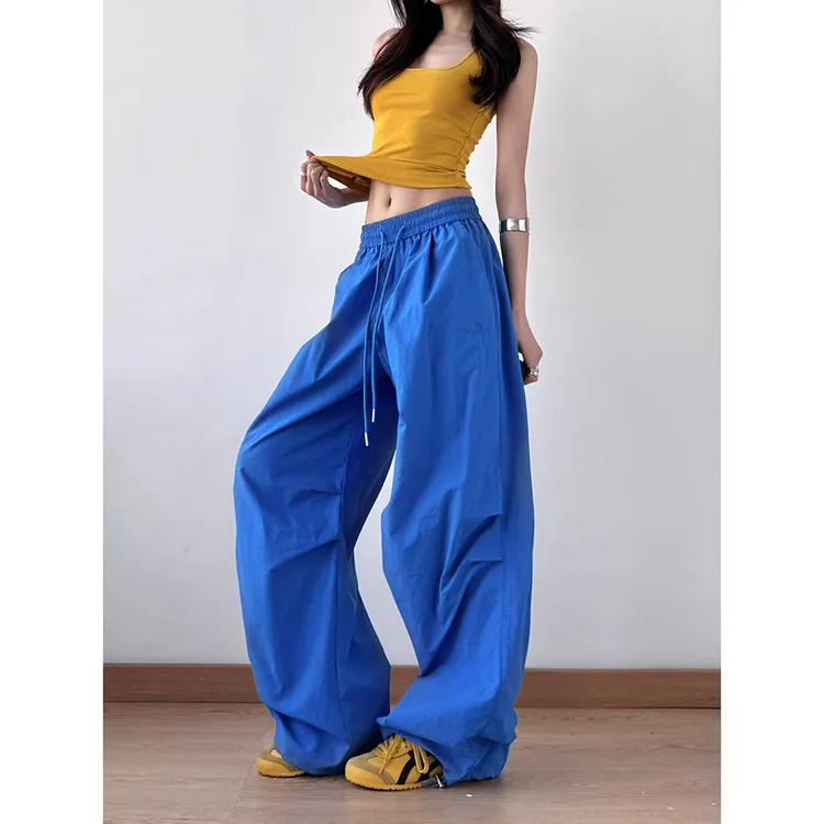 2025春秋新款运动阔腿裤hiphop宽松伞兵复古褶皱直筒工装休闲裤子