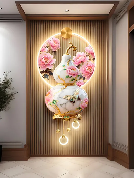 立体镶钻牡丹花开富贵客厅电视格栅玄关装饰画中式葫芦背景墙挂画