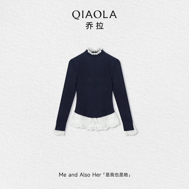 QIAOLA/乔拉【奶芙雪花】秋冬蕾丝拼接花边半高领正肩修身针织衫