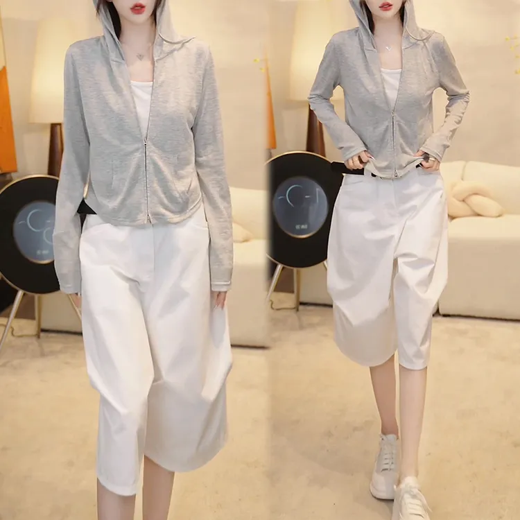 2025夏季新款气质宽松长袖连帽上衣女士百搭高腰阔腿五分裤两件套