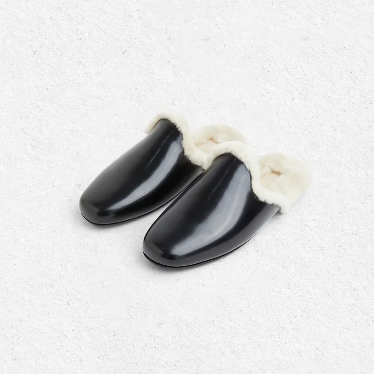 慵懒风居家时尚真皮设计秋冬加绒保暖平底拖鞋外穿JH055