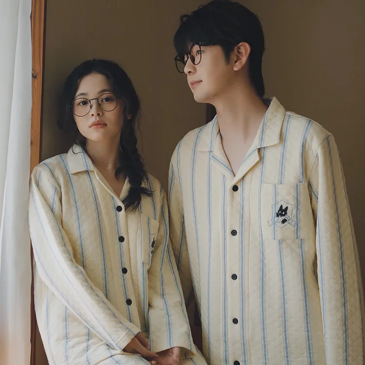 【段姐家居服】夹棉空气层暖白条猫咪刺绣情侣睡衣套装简约舒适保暖