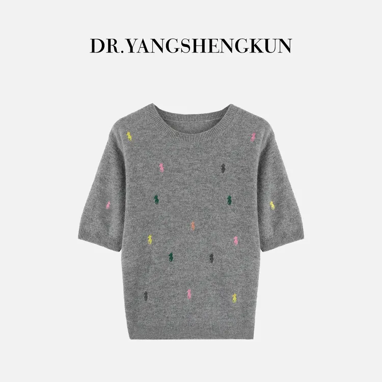 杨圣坤2025新品100%山羊绒彩色小马刺绣短袖套头针织衫SL2582837