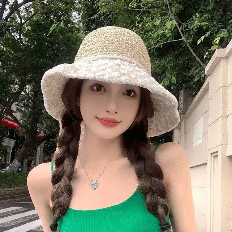 帽大帽檐显脸小蕾丝草帽女镂空遮阳帽子渔夫帽太阳帽法式沙滩夏季