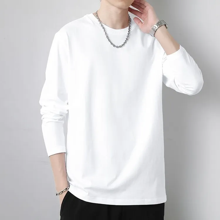 纯棉圆领长袖T恤男装纯白宽松上衣休闲简约风春季打底衫男士内搭