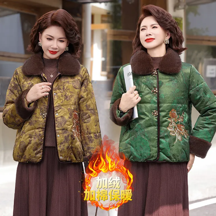 中老年女装加绒加厚冬季棉衣外套气质国风妈妈装冬季翻领保暖棉服