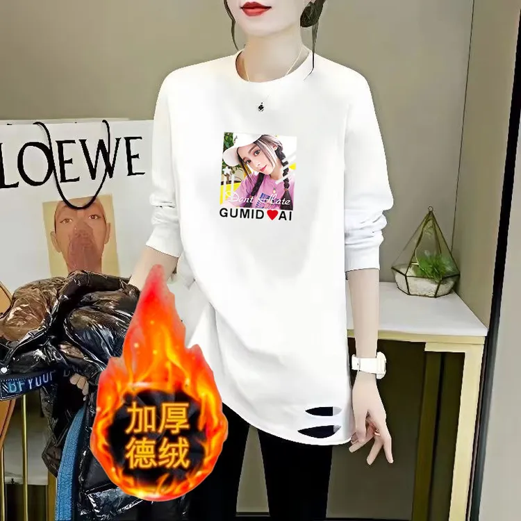 加厚德绒中长款长袖T恤女2025秋冬新款打底衫遮屁股配鲨鱼裤上衣 