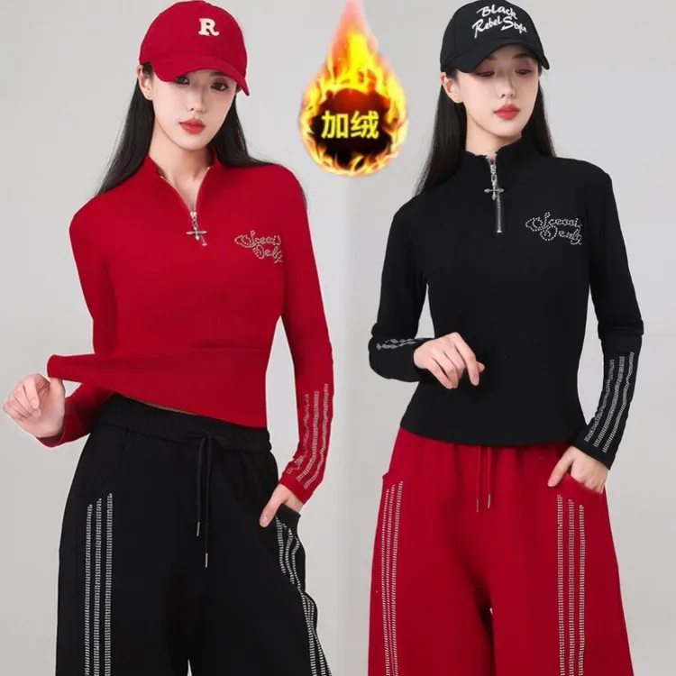 秋冬新款广场舞加绒半拉链袖子镶钻长袖修身显瘦时尚百搭上衣C225