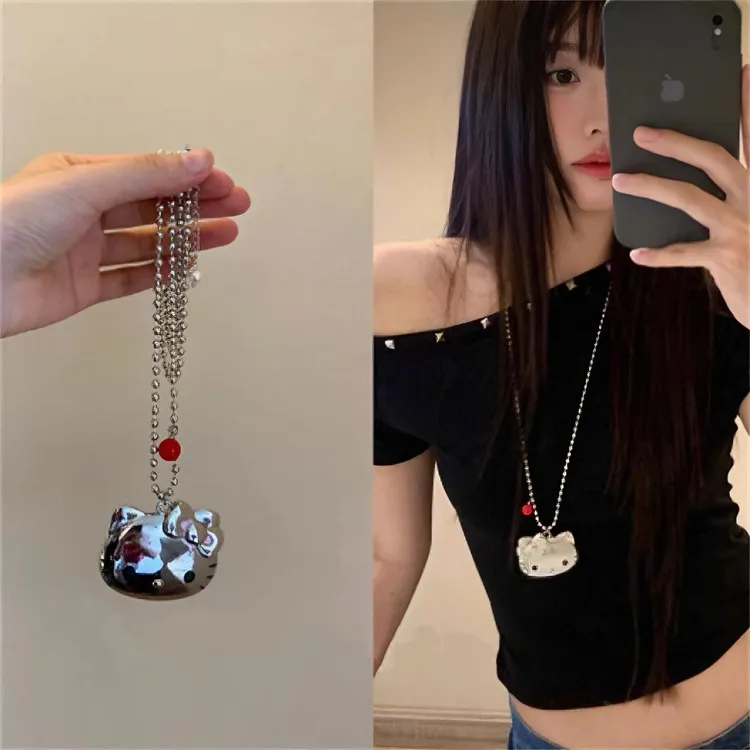 合金项链 简约金属风银色Kitty猫吊坠项链女小众y2k锁骨链毛衣链