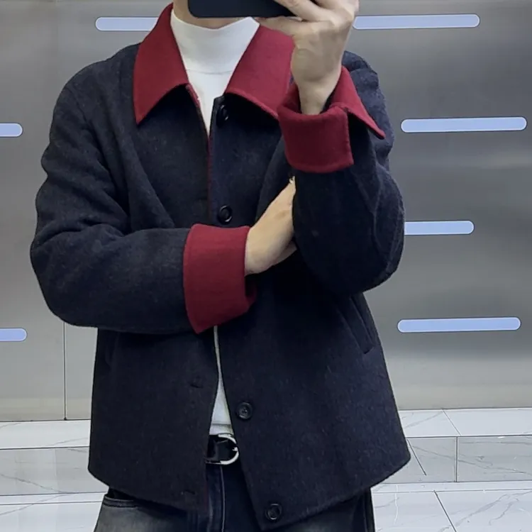 冬季羊毛翻领时尚无工艺保暖厚款潮流常规双面呢撞色羊毛短款外套
