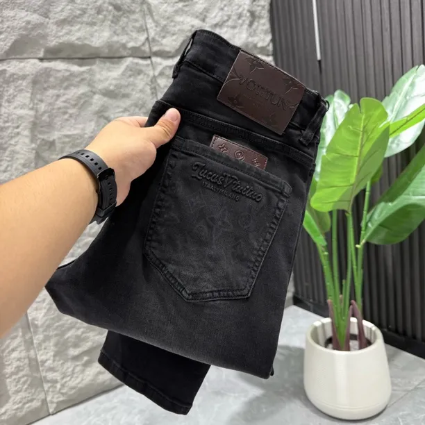 秋冬新款烟灰色简欧穿搭印花男韩版轻奢修身裤牛仔裤百搭商务休闲