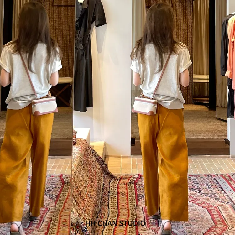 HH.CHAN“南瓜”100%亚麻定制色织南瓜色直筒松紧腰长裤HH5237053