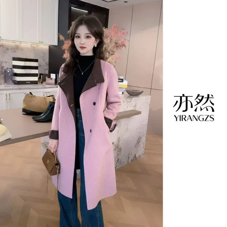 【亦然女装】快衣布山羊绒+天丝小个子气质立领双色羊绒大衣8802