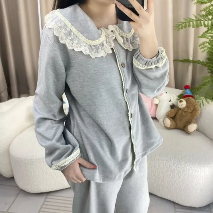 带胸垫女士秋冬季羊绒长袖蕾丝花边可外穿保暖家居服套装