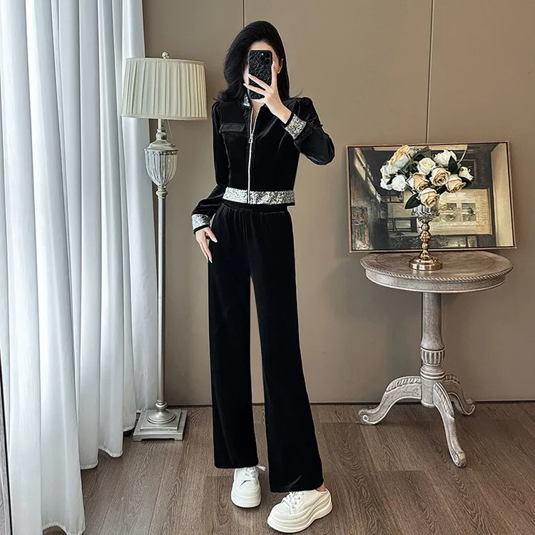 高端金丝绒休闲时尚套装女2025春季气质黑色短款外套阔腿裤两件套