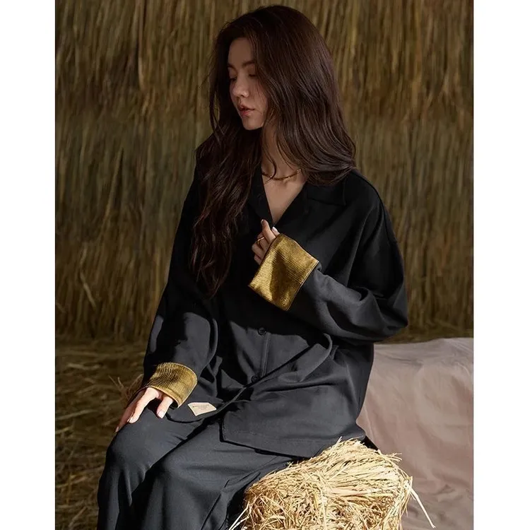 睡衣女秋季2025年新款纯色青年长袖长裤睡衣宽松时尚小众家居服冬