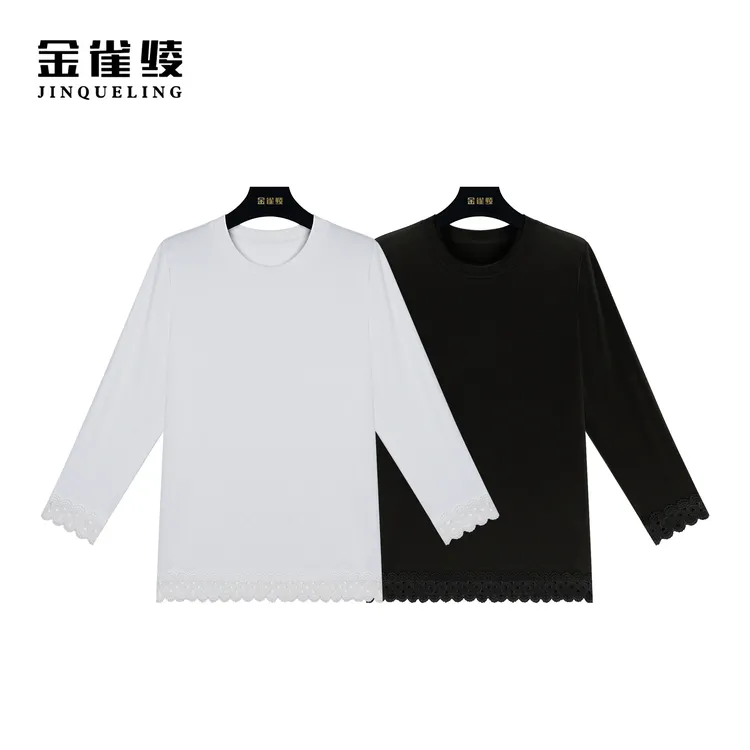 金雀绫【棉花糖】纯色简约圆领蕾丝镂空边百搭长袖衫SZ4S48