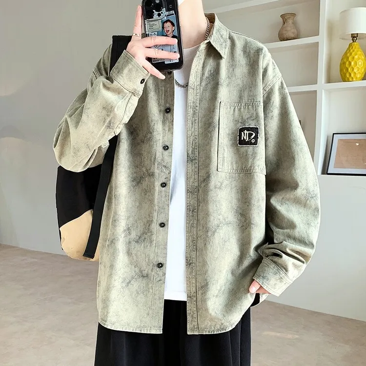 青少年纯棉长袖衬衫男士2025春秋新款高级感痞帅翻领衬衣潮牌外套