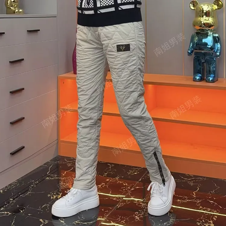 冬季男士新款菱形格加厚时尚百搭舒适中高腰外穿棉裤修身小脚裤
