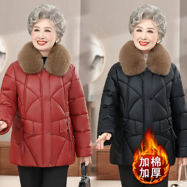 奶奶冬装棉衣外套中老年人女装皮衣棉袄妈妈加棉加厚上衣6080岁