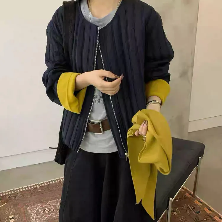 D999-3245【撞色棉服】韩系秋冬新款竖坑条夹棉圆领拉链棉服外套女