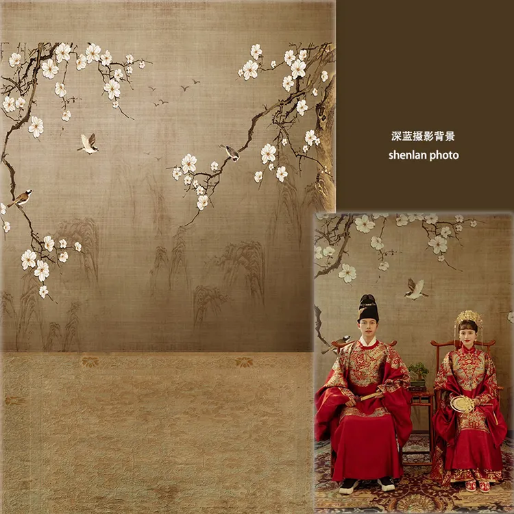 古风花鸟中式古装旗袍全家福婚纱影楼摄影直播数码喷绘背景布墙布