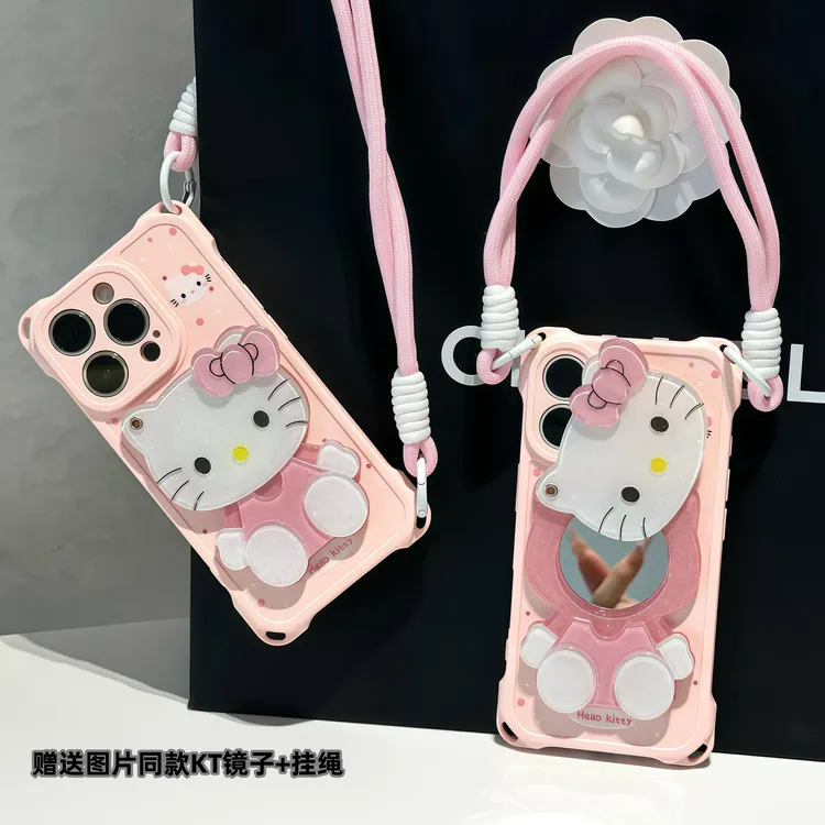 闪粉KT镜子挂绳适用iPhone苹果16手机壳华为P70vivoppo小米15软套
