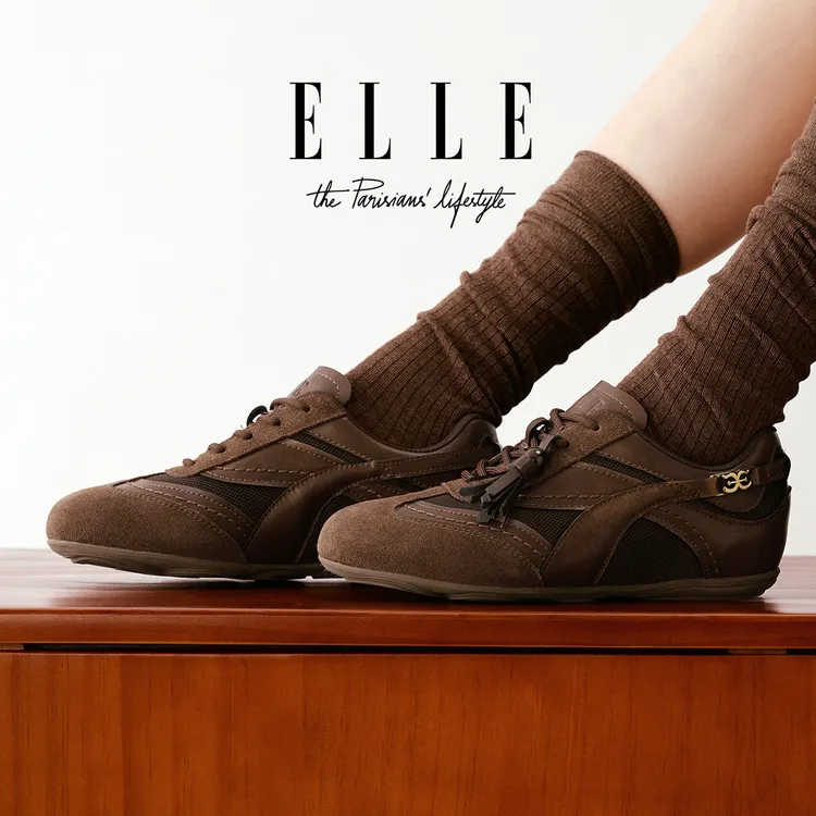 ELLE串珠流苏薄底德训鞋女款爆款牛皮棕色舒适百搭复古休闲运动鞋