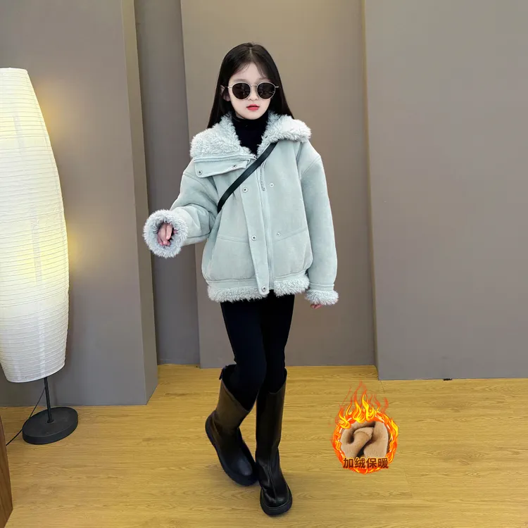 女童2025新款儿童秋冬款大翻领一体绒棉服外套加绒铅笔裤套装潮酷