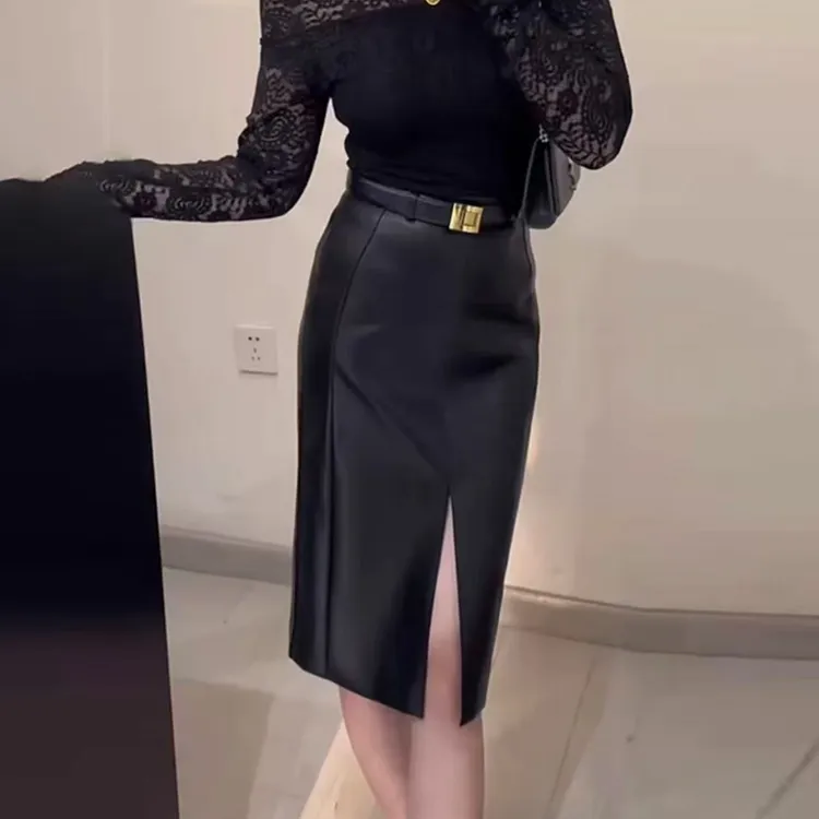 酷飒设计感潮流轻奢高腰前开叉中款半身裙秋季显瘦气质时尚百搭