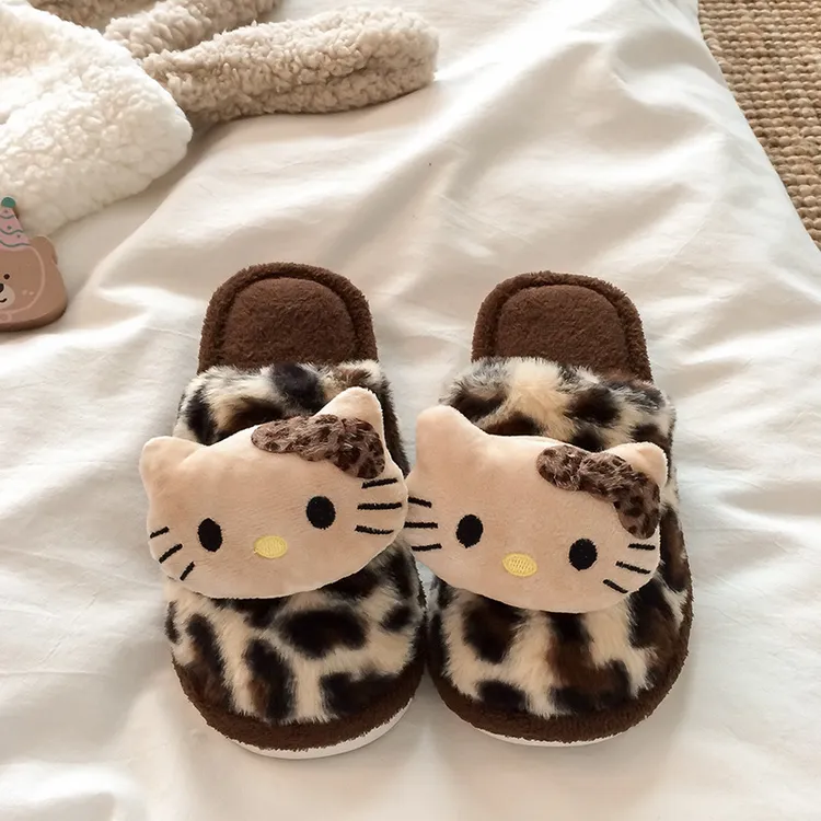 豹纹居家保暖棉拖鞋女居家棉拖防滑可爱猫咪毛毛拖鞋小众辣妹