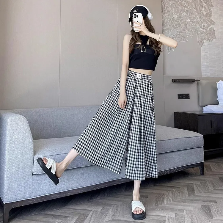 经典黑白格子阔腿裤女夏季薄款2025新款高腰八分显瘦直筒宽松裙裤
